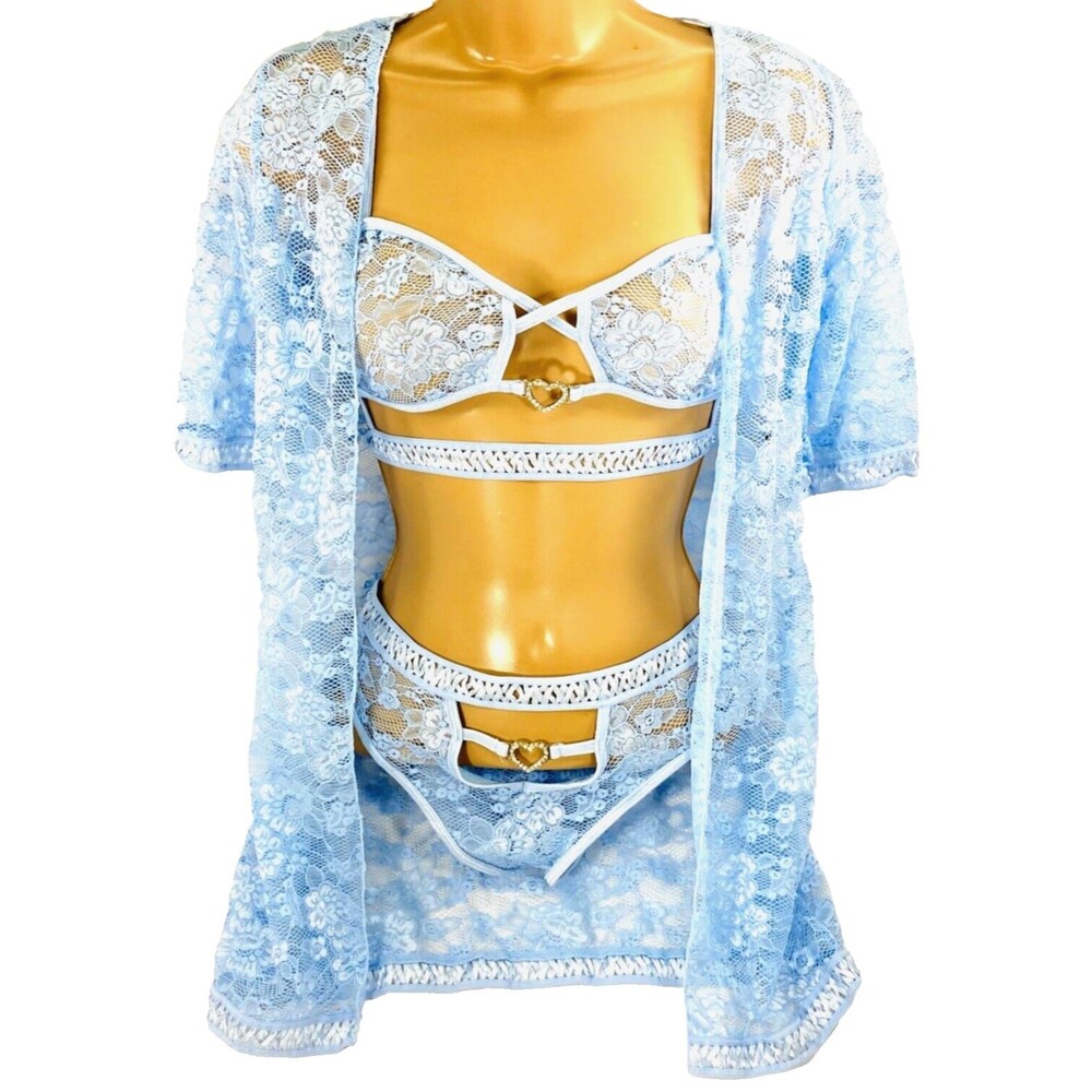 G World Intimates Lingerie Set Robe Bra Thong S M Blue Lace Cut Out Floral Sexy